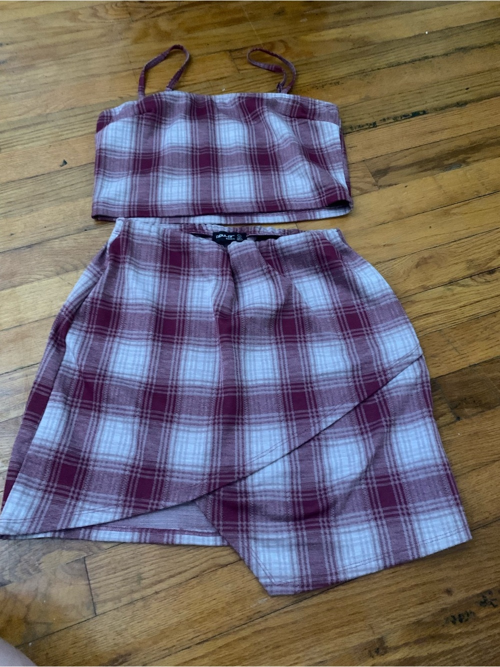 Popular Basics Burgundy and White Plaid Asymmetrical Skirt